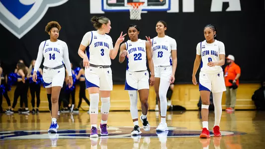 Seton Hall players walk up the court after a timeout