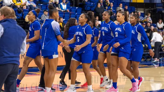 Members of the Seton Hall women's basketball team leave the floor against Marquette on Feb. 20