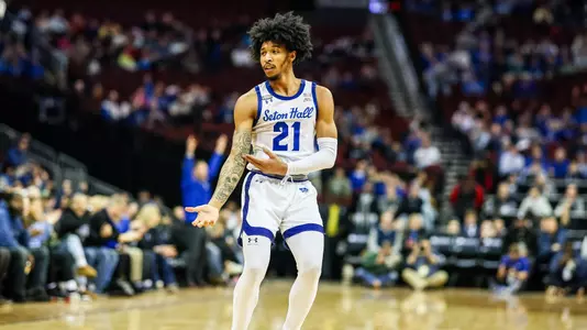 Isaiah Coleman celebrates after making a three pointer against Xavier at Prudential Center