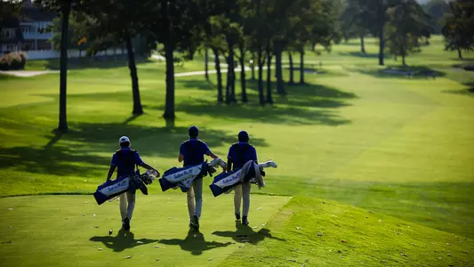 Members of the Seton Hall men's golf team walk the course during a practice round in the fall of 2023.