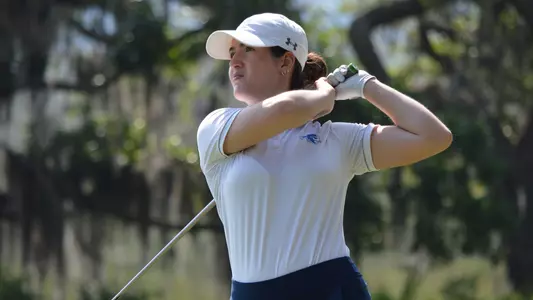 Ginevra Zavagli takes a swing off the sixth hole at the BIG EAST Championship on April 20.