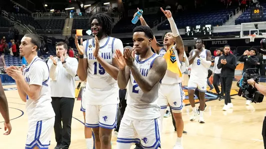 Seton Hall applauds its fans after its win over Georgia in the NIT semifinals