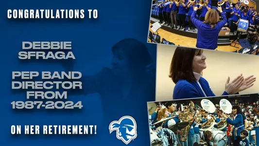 Graphic congratulating Debbie Sfraga on her retirement. She was pep band director from 1987-2024.