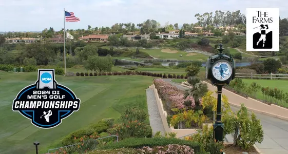 A graphic showing a photo from The Farms Golf Club with NCAA, The Farms and Seton Hall logos overlayed