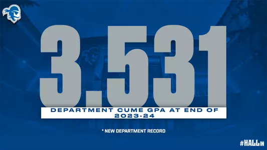 End of year grades graphic: Seton Hall has a 3.531 department cumulative GPA at the end of 2023-24, setting a new department record.