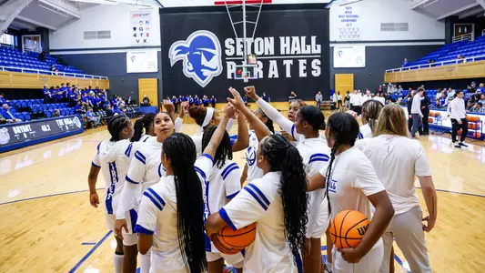 The Seton Hall women's basketball team huddles prior to the start of a game in Walsh Gym during the 2023-24 season.