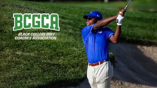 Graphic with the BCGCA logo and a photo of Isaiah Williams hitting a shot from the fairway