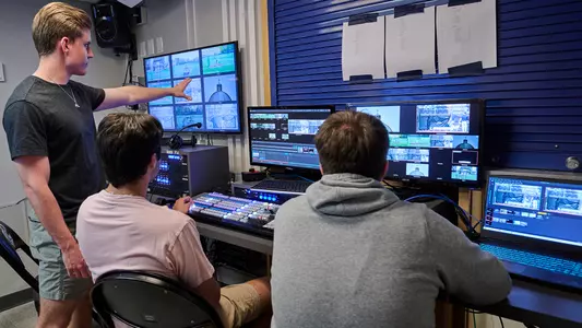 Members of the Pirate Sports Network are actively producing a Seton Hall baseball broadcast from its state-of-the-art control room.