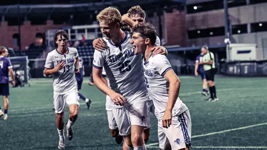 Seton Hall celebrates after scoring the go-ahead goal against Albany with 49 seconds left on Aug. 29
