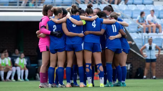 Seton Hall women's soccer huddles before its game at North Carolina