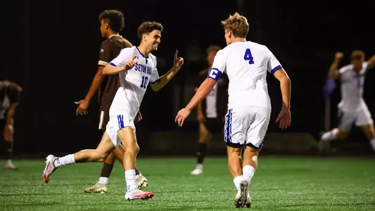 Hugo Gerbore celebrates scoring a goal against Lehigh