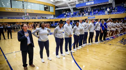 The Seton Hall WBB team lines up for the National Anthem prior to a game during the 2023-24 season.
