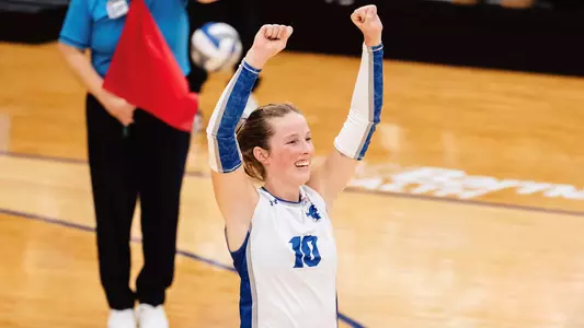 Jenna Walsh celebrates after scoring a point against NJIT on Sept. 7.