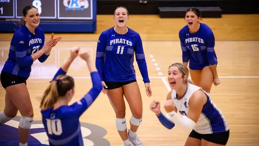 The Seton Hall volleyball team celebrates after scoring a point against Kent State on Sept. 8.