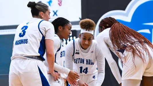 Seton Hall WBB team huddles during its game against Creighton on Jan. 11.