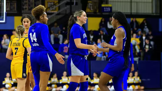 Seton Hall WBB team chats during their game at Marquette on Jan. 15