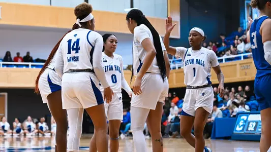 Seton Hall WBB team huddles during its game against Creighton on Jan. 11.