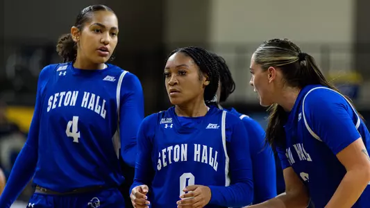 Seton Hall WBB team huddles during a game at Connecticut on Jan. 19
