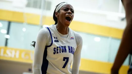 Yaya Lops yells after scoring an AND ONE against Georgetown on Jan. 4.