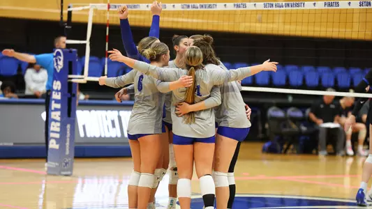 Seton Hall volleyball team celebrates a point against DePaul on Oct. 11