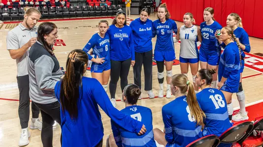 Seton Hall volleyball team huddles during its match at St. John's on Oct. 14