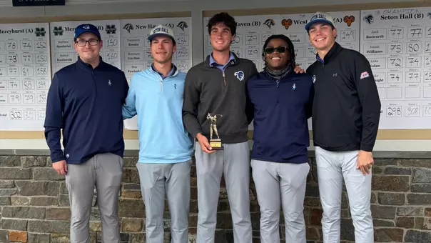 Seton Hall men's golf team poses after winning the Metropolitan Championship on Oct. 28, 2025