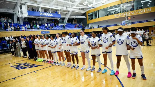 Seton Hall women's basketball team lines up for the National Anthem on Nov. 4