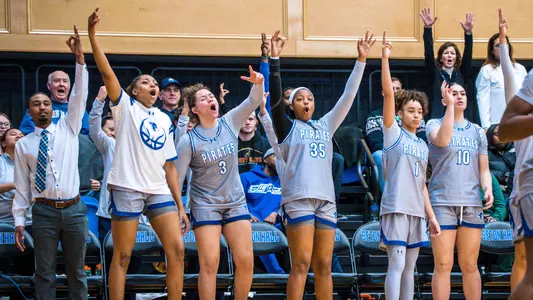 The WBB bench erupts during Seton Hall's game against Georgetown on Dec. 31