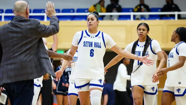 Mariana Valenzuela high-fives her teammates and coaches during Seton Hall's game vs. Butler on Dec. 4