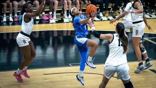 Jada Eads attempts a reverse layup against Providence on Feb. 16