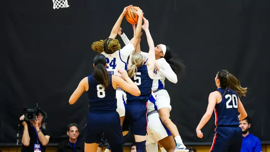 Several Pirates block a UConn player on Feb. 19