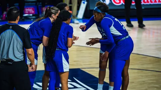 Seton Hall WBB team huddles during its game against Creighton on Feb. 5.