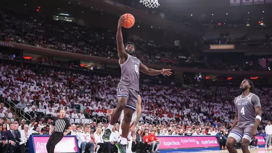 Mar 1, 2025; New York, New York, USA; Seton Hall Pirates guard Dylan Addae-Wusu (0) drives to the basket for a layup in the first half against the St. John's Red Storm at Madison Square Garden. Mandatory Credit: Wendell Cruz-Imagn Images