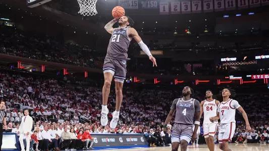 Mar 1, 2025; New York, New York, USA;  Seton Hall Pirates guard Isaiah Coleman (21) goes up for a dunk in the first half against the St. John's Red Storm at Madison Square Garden. Mandatory Credit: Wendell Cruz-Imagn Images