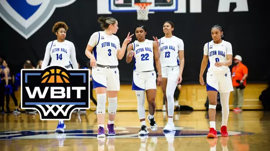 A graphic showing Seton Hall's starting five with the WBIT logo.