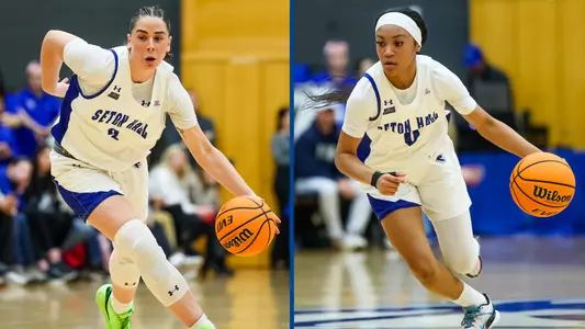 Graphic showing Faith Masonius and Jada Eads dribbling basketballs