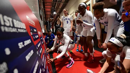 Yaya Lops adds the Seton Hall sticker to the BIG EAST Tournament bracket after the Pirates' victory over Xavier on March 8