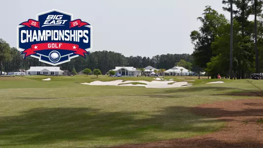 A graphic showing one of the holes on Riverton Point Golf Club and the 2025 BIG EAST Championship logo.