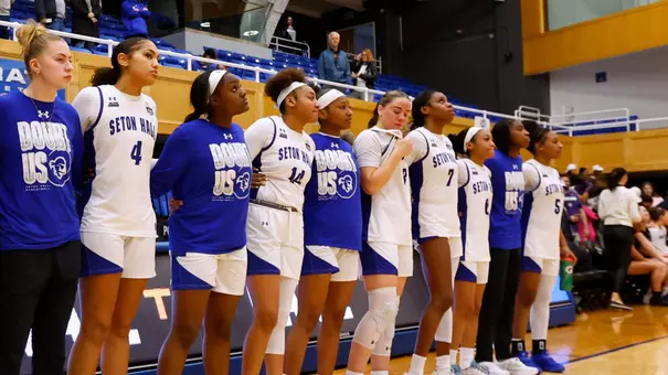 Seton Hall women's basketball team huddle