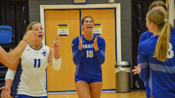 The Seton Hall volleyball team celebrates a point during a blue and white scrimmage in the fall of 2025.