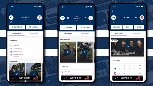 Three mockups of a generic SIDEARM mobile app, showing the pre/post/live views of our Gamecenter module