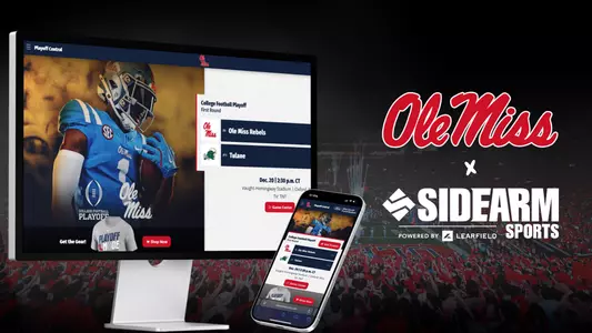 Logo Lock-up of The Ole Miss Rebels & SIDEARM Sports, with mock-ups of Ole Miss' Playoff Central Page in both desktop & mobile views.