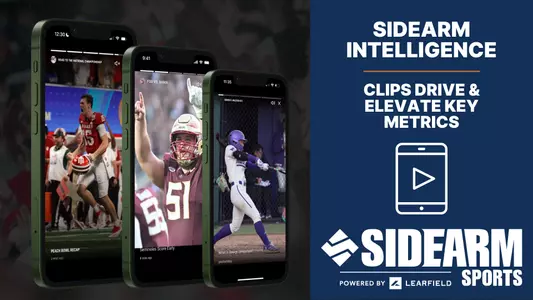 Three mockups of SIDEARM Partners utilizing vertical video or "Clips", with a title stating "SIDEARM Intelligence: How Clips Elevate Key Metrics" & a SIDEARM Sports logo