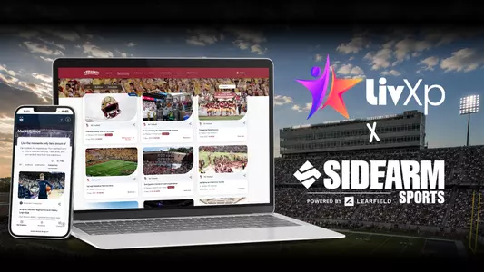 Logo lockup of LivXP and SIDEARM Sports with Mockups of two experiential auction websites (Boston College & UConn)