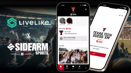 Logo lockup of LiveLike and SIDEARM Sports with Mockups of Texas Tech's mobile app displaying "Daily Play" gamification options