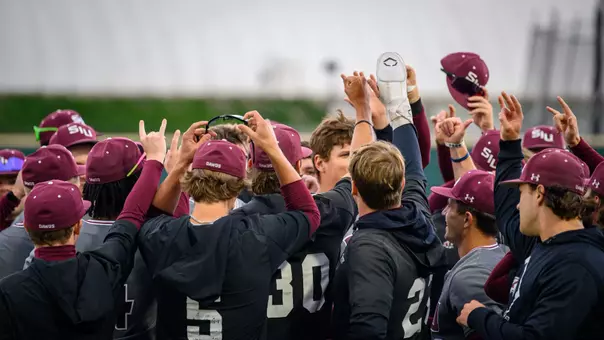Team Huddle at MVC Tournament vs Murray State-2025