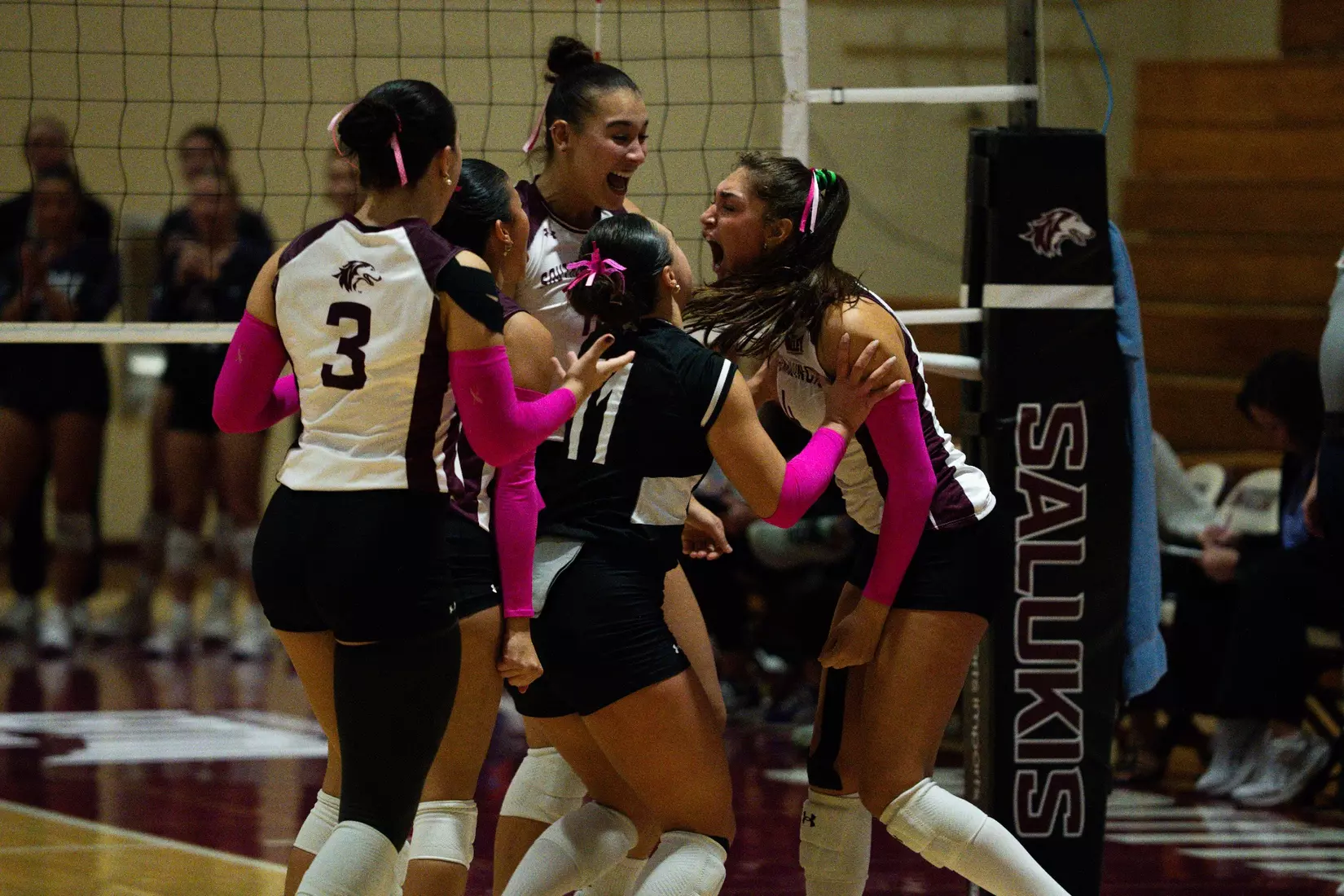 The team celebrates after a point.
