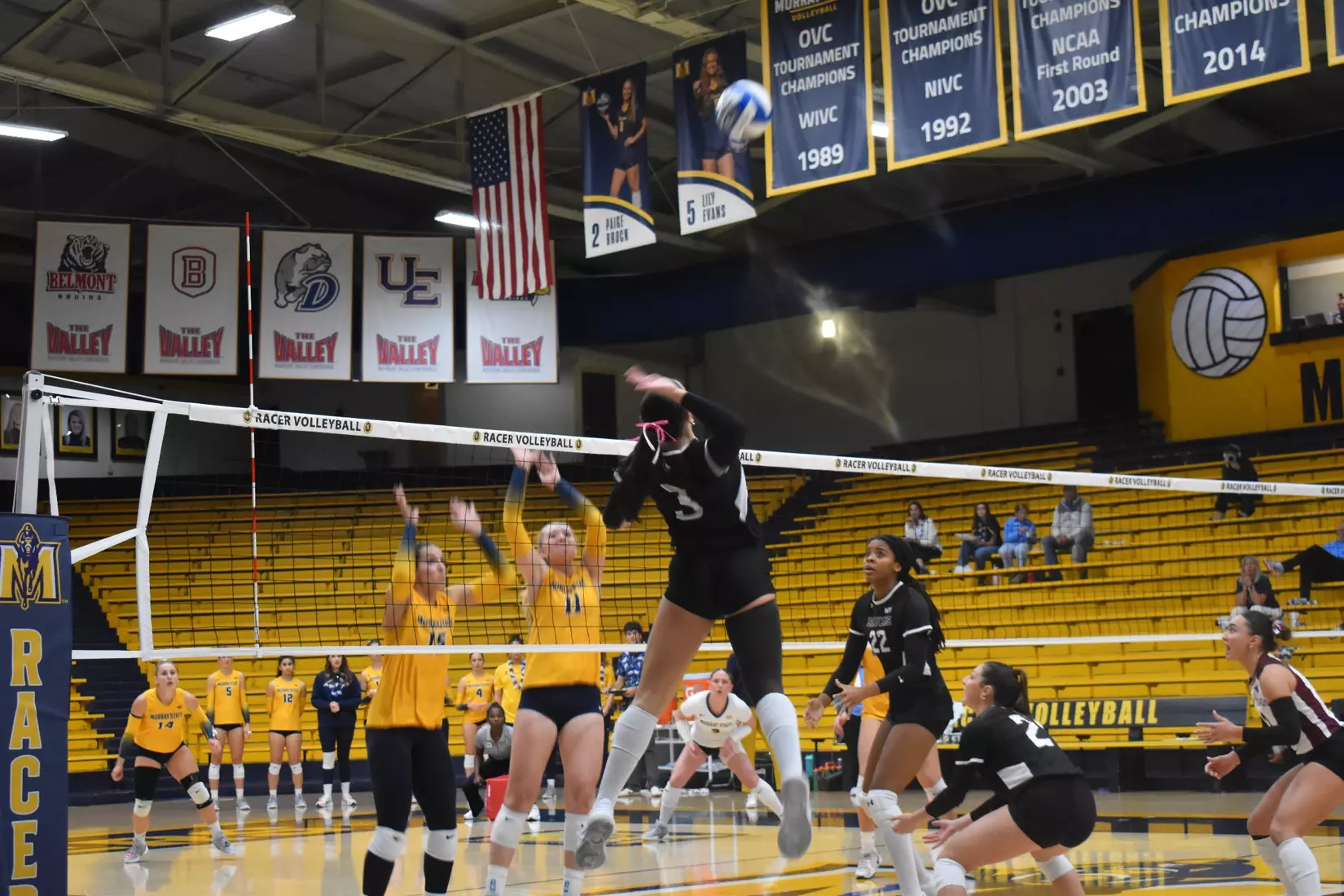 McKenzie Moeller attacks a ball.