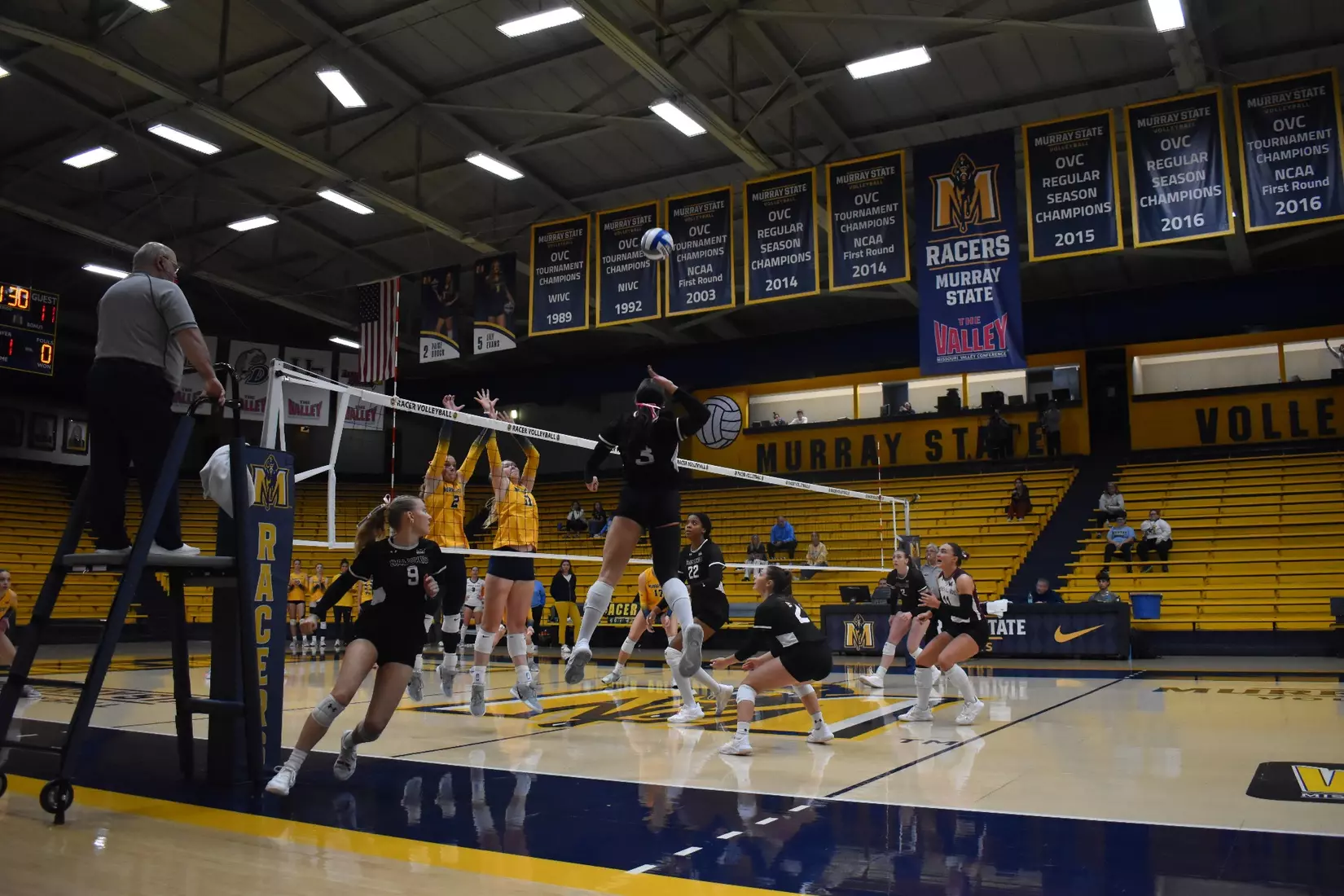 McKenzie Moeller attacks a ball.