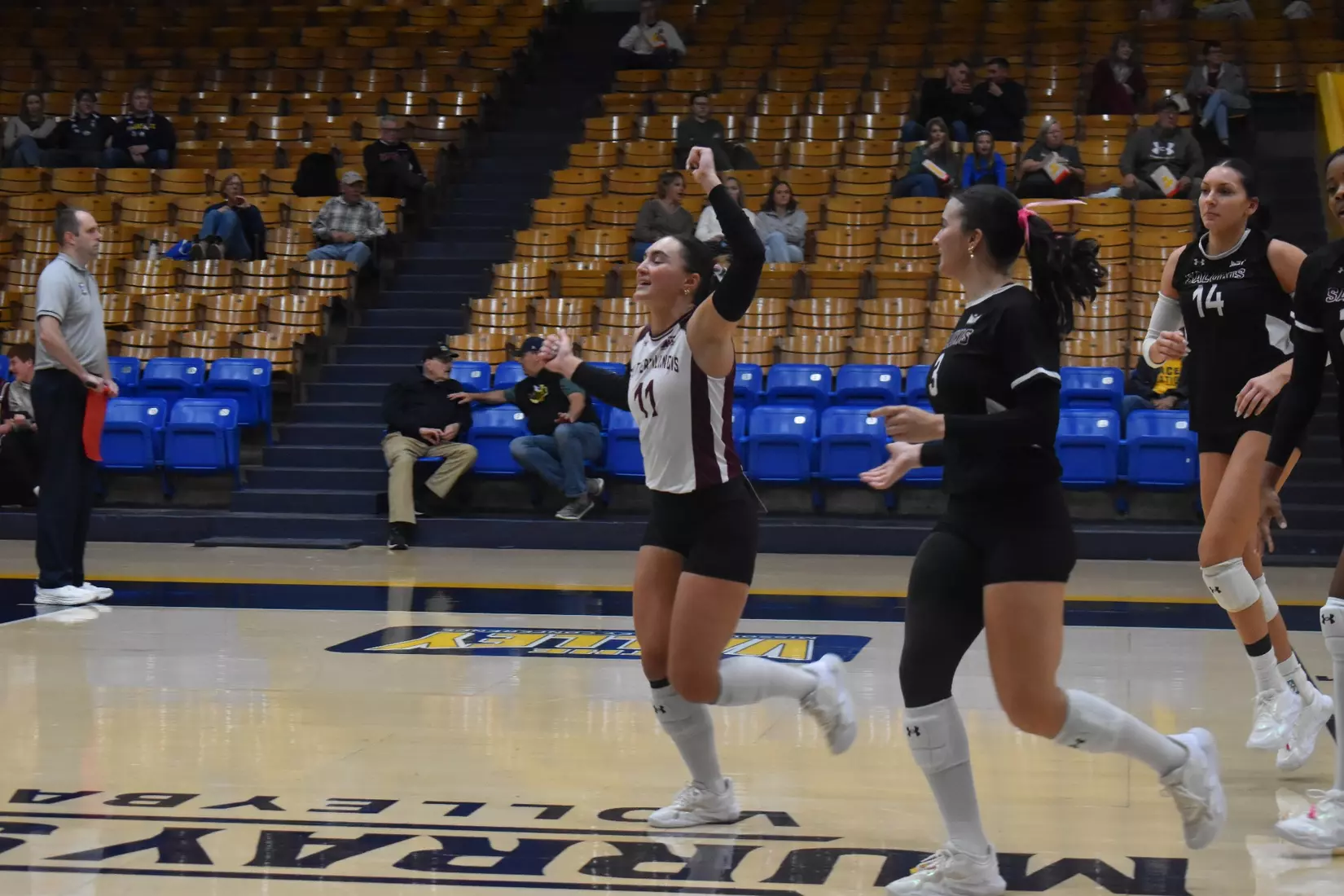 The team celebrates after a point.